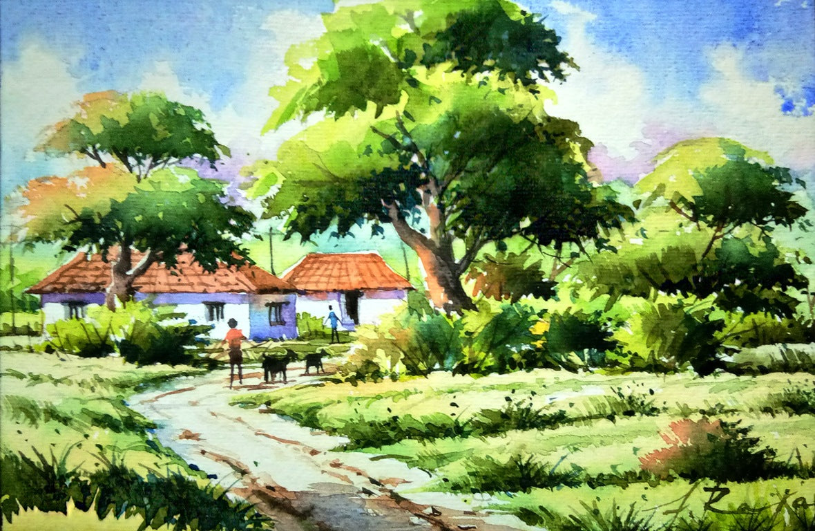 How to draw Scenery of River side Village ।। Beautiful village scenery  drawing with oil pastel ।। Anjum Drawing | How to draw Scenery of River  side Village ।। Beautiful village scenery